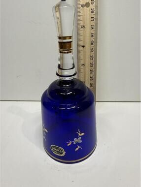 Bohemia Crystal Cobalt Blue Glass Bell Gold Floral Czech Republic 6.5"